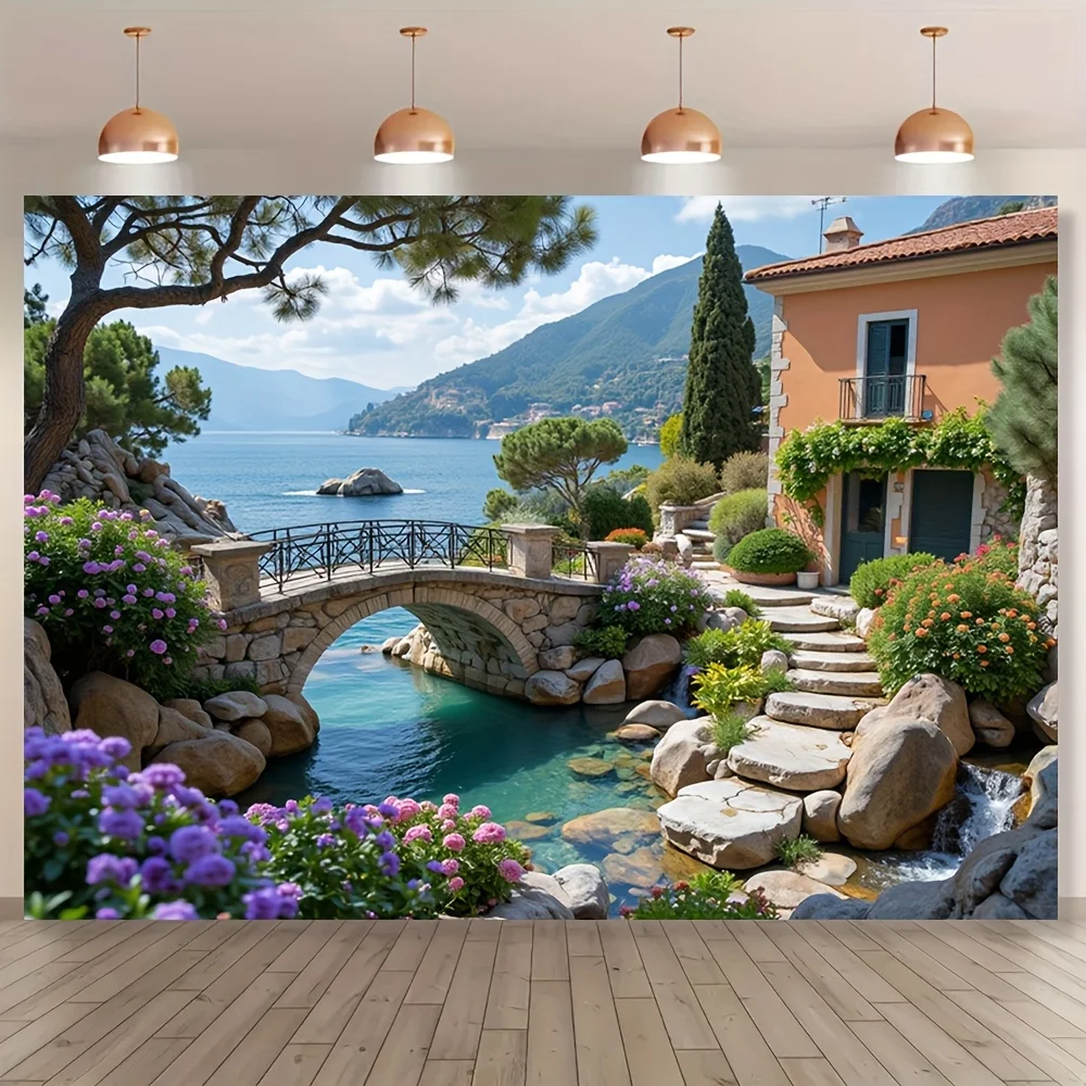 2D banner 1 piece, Italian sea view mural, suitable for home, garden, studio, party and festival multi-purpose decoration