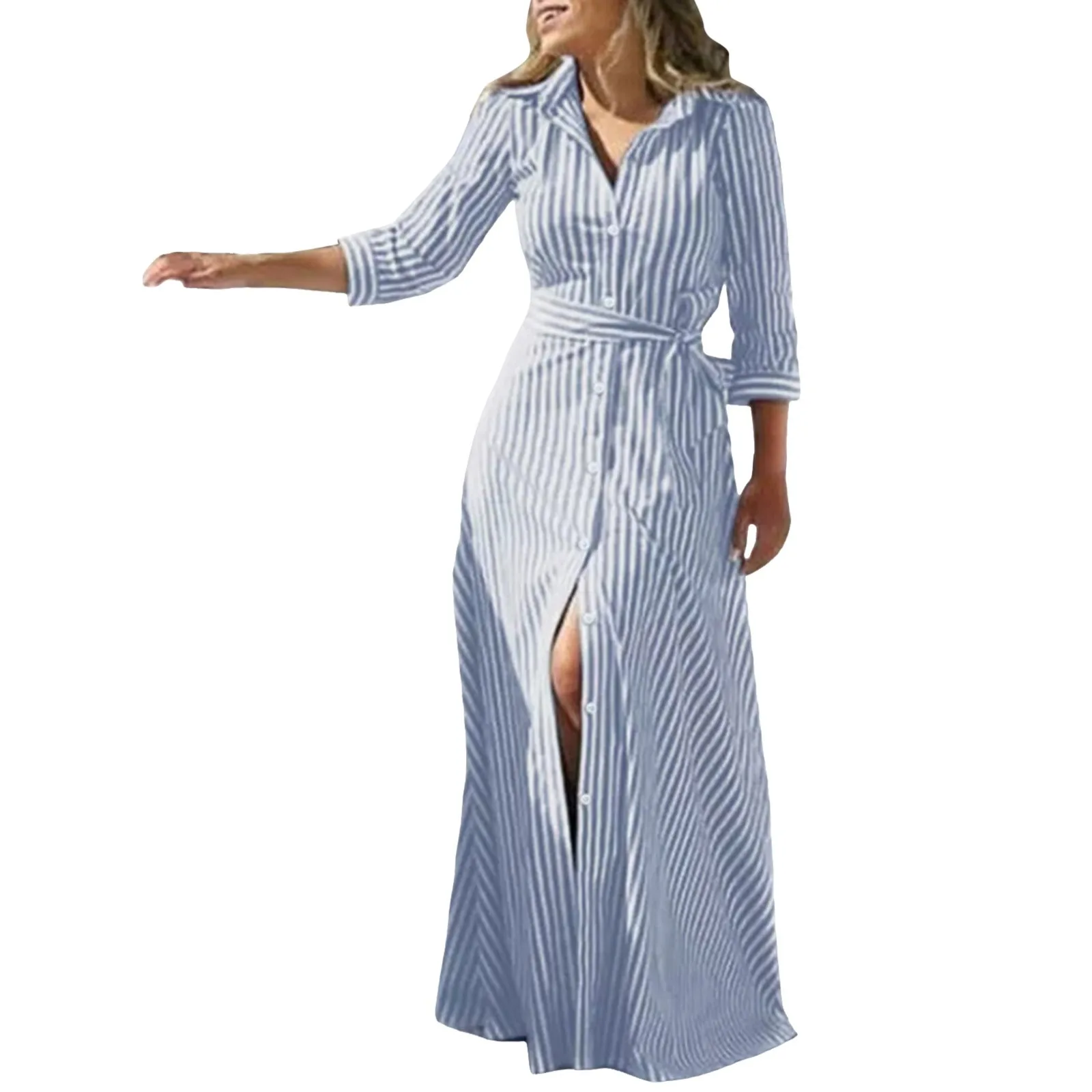 Vestido camisero bohemio elegante para mujer, traje largo de noche con cordones, a rayas, a la moda, para otoño y primavera, 2024