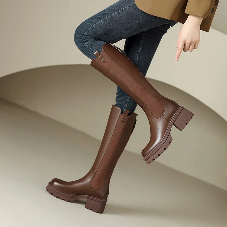 2023AutumnWinter New Knight Long Boots: Knee length plush thick heeled cowhide  minimalist women's boots warm long leather boots