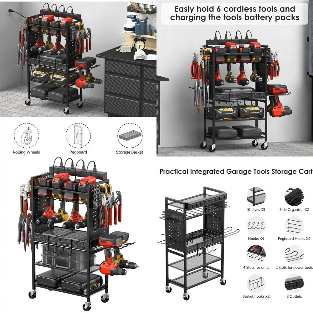

Тележка для хранения в гараже на колесиках с зарядной станцией для механиков, органайзер для мобильных инструментов с 6 сверлами и удлинителем, Bl