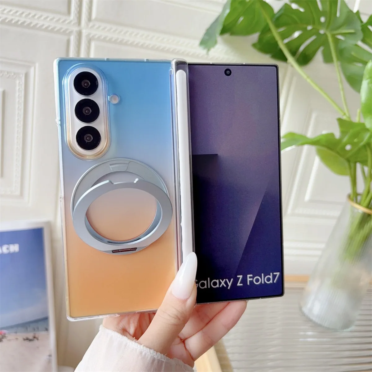 Gradient Transparent Rotate Ring Stand Magnetic Phone Case for Samsung Galaxy  Z Fold 7 6 5 8 Ultra With Hinge Protector Cover - view 5