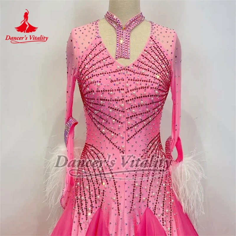 Adult Social Dance Pink Ostrich Feather Advanced Perform Big Swing Dresses Include Necklace High-end Customize Dancer's Vitality