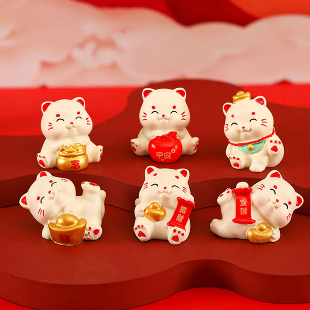 

6 Pcs Miniature Lucky Cat Cartoon Miniatures Adorn Statue Fortune Statues Resin Figurines Craft Desktop Ornament