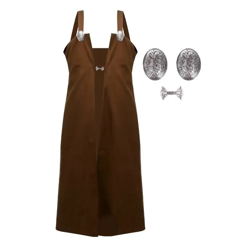 DAZCOS Women's Medieval Linen Apron Renaissance Peasant Over Dress Costume with Brooches Medieval Linen Underdress for Women