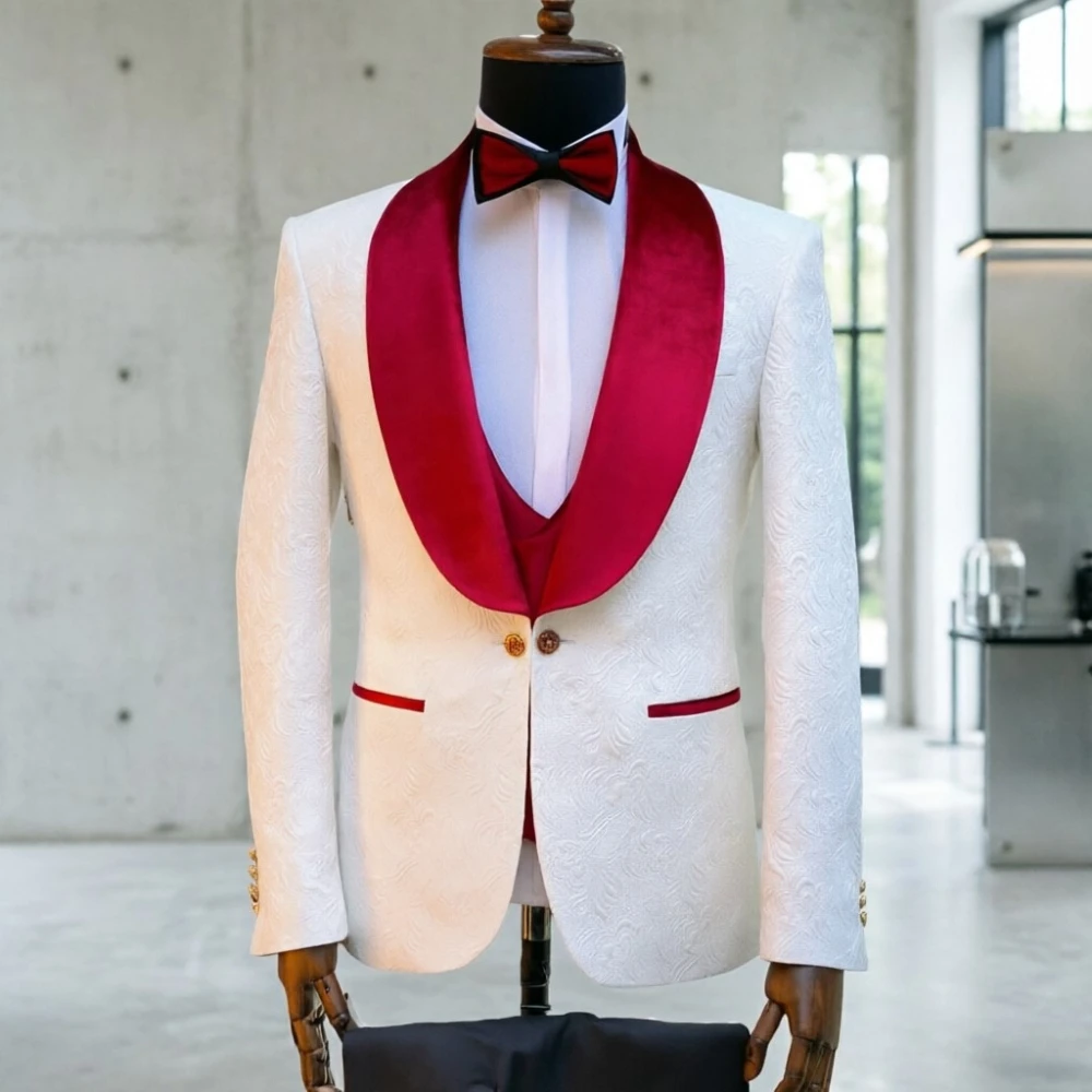 

Floral Wedding Suits Men Runway Style White Floral Embossed Wedding Suit 3 Pieces Formal Wedding Tuxedo for Red Carpet Party