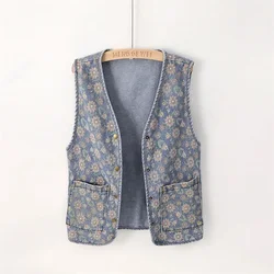 Denim Vest Dames Zomer En Herfst Dunne Sectie 2024 Nieuwe Mode Print Vest Dames Bovenkleding Damesjack Mouwloos