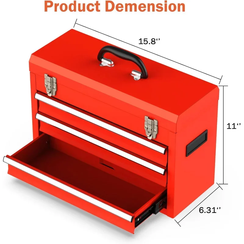 3 Drawer Metal Tool Box Portable Steel Toolbox,Slide Rail with Ball Bearing and 2 One Metal Latch,Suitable for Garage