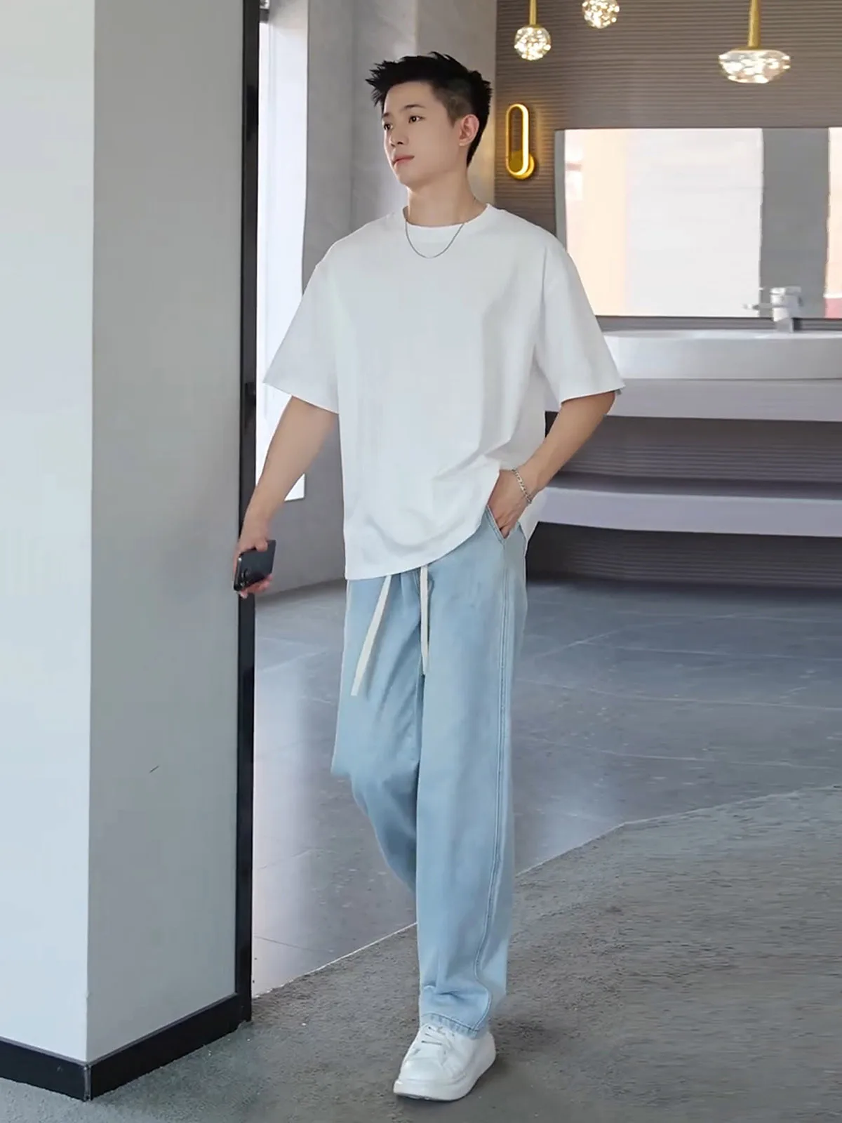 

Light Blue Ice Silk Jeans Men's Summer Elastic Waist Youth American Straight Leg Micro Flared Wide Leg Pants Casual Jeans