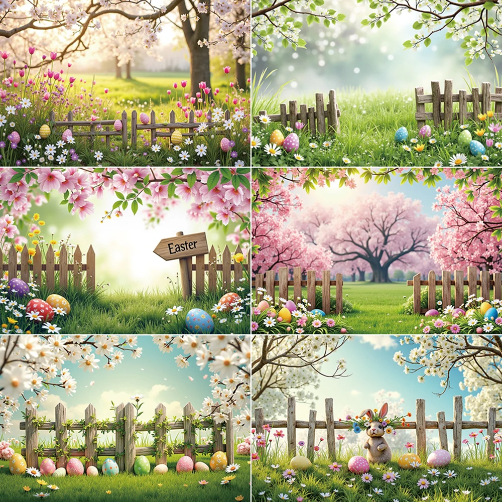 

MOON.QG Easter Garden Background Photography Green Grass Colorful Eggs Spring Flower Photocall Backdrop Children Studio Supplies