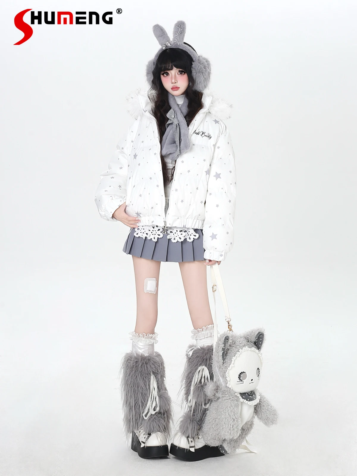 

Fashion Streetwear Sweet Cool Girl Plush Hooded Tops Embroidered Print Thickened Warm Short Cotton Coat for Women Winter Jackets