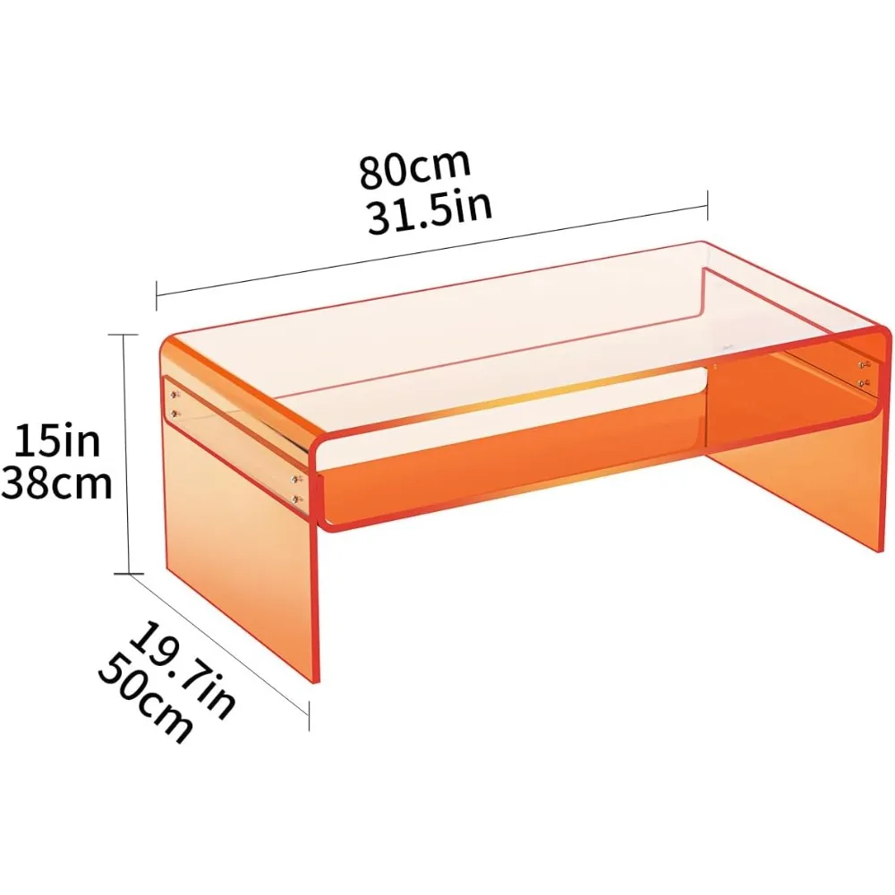 طاولة قهوة لغرفة المعيشة، طاولة لوسيت مستطيلة شفافة مع رف تخزين مفتوح، برتقالي