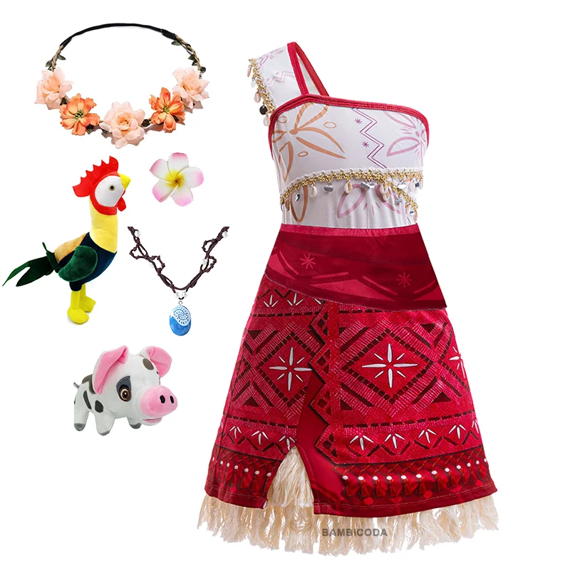 2024 Girls New Movie Moana 2 Dress Christmas Party Adventure Costume Girl Princess Clothes Children Vaiana Pua Pig Maui Costume