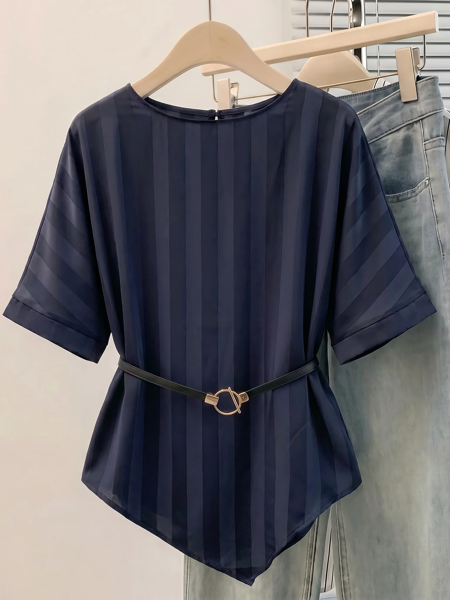 

Dark Blue Acetate Satin Short Sleeve Shirt Women's Summer New Style plus Size Waist Cinched mid Length Top Commute Fashion