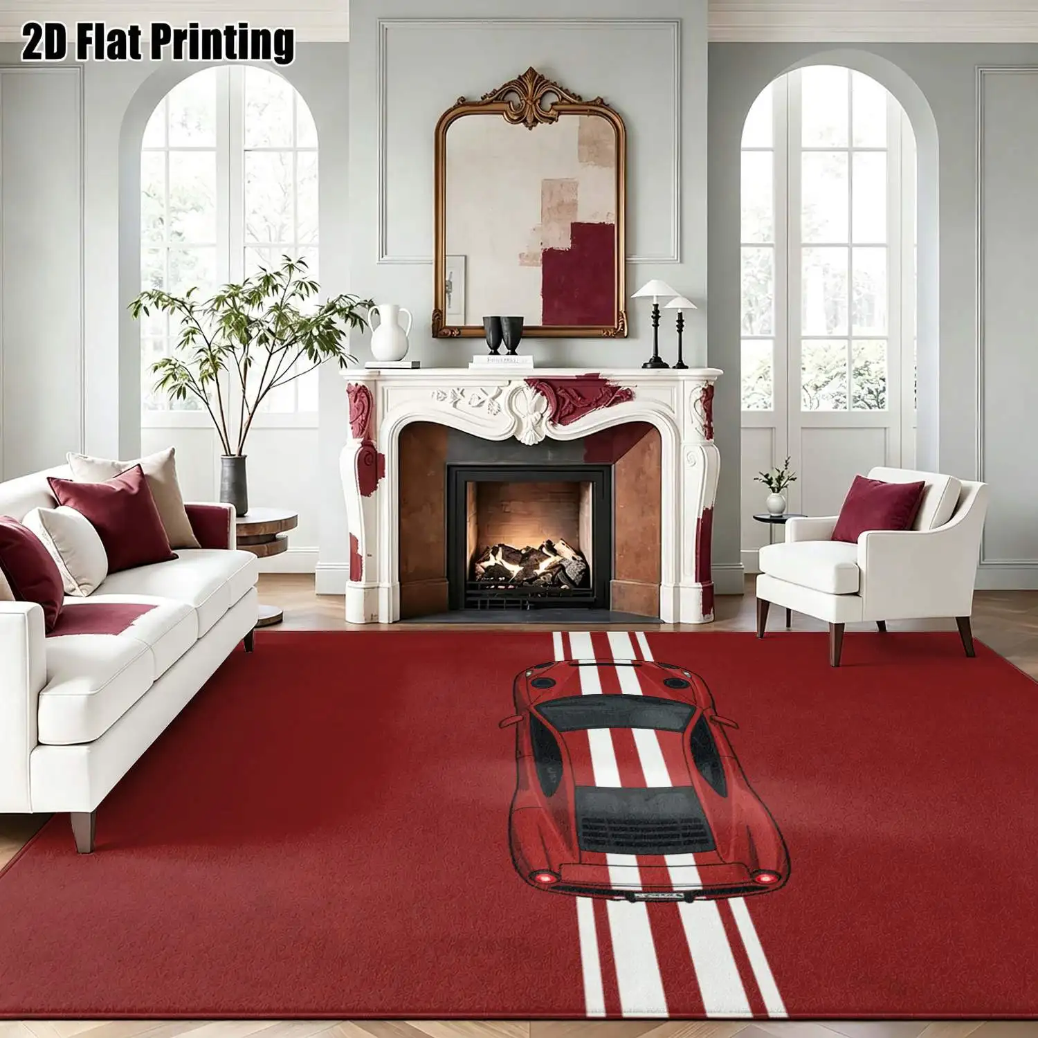 1Pc 2D Printed Red Striped Sports Car Pattern Carpet, Nordic/Instagram Style, Modern Minimalist Geometric Striped Floor Mat, Multi-Size, Machine Washable, for Entrance, Dining, Foyer, Bedroom, Living Room Home Decoration