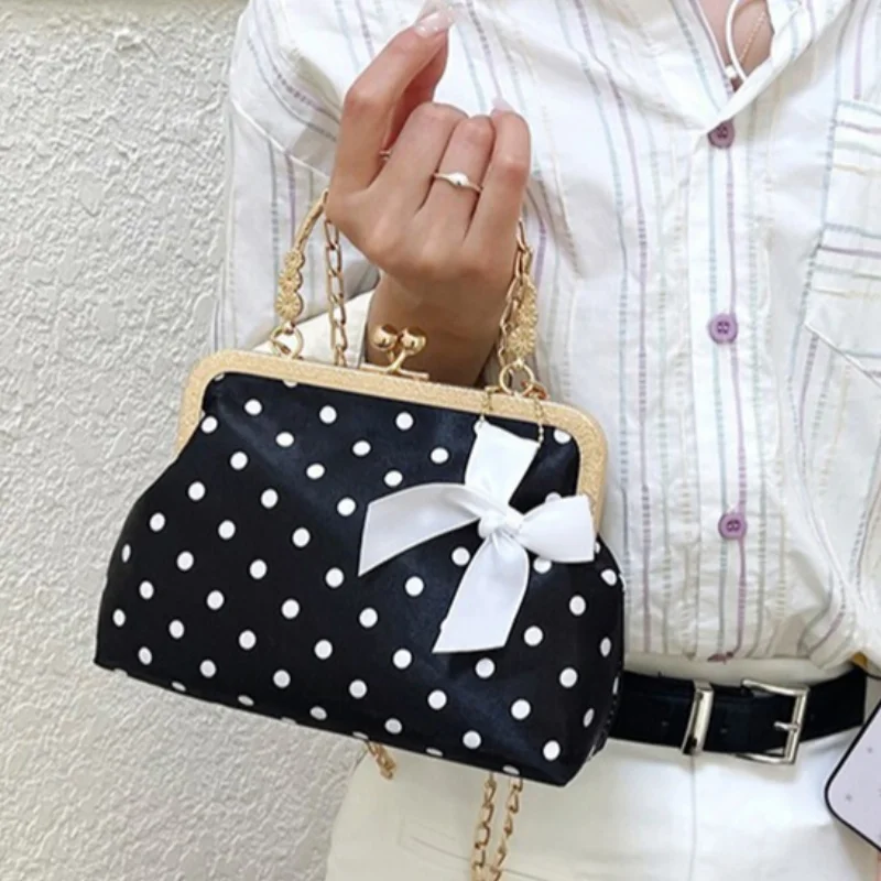 

Retro Polka Dot Lock Shoulder Bag,Niche Sweet Elegant Exquisite shell handbag, Fashion New Bow Canvas Casual Chain Crossbody Bag