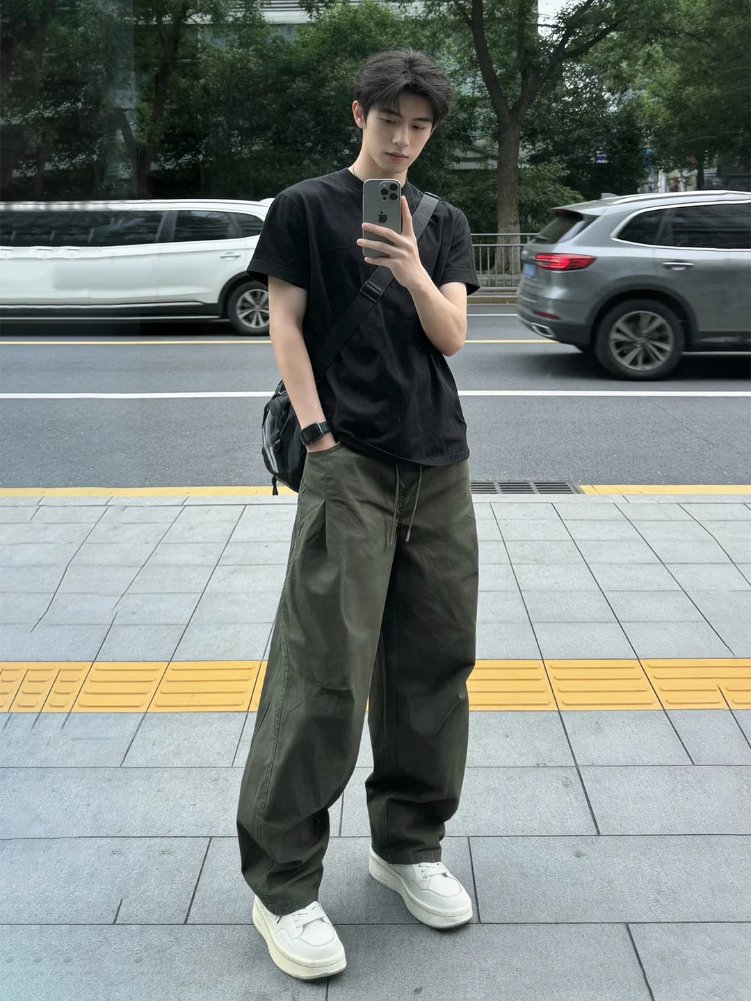 Military Green 3D Pleated Men's Spring Summer Casual Pants Wide Leg Bootcut Trousers American Style Workwear Cargo Pants