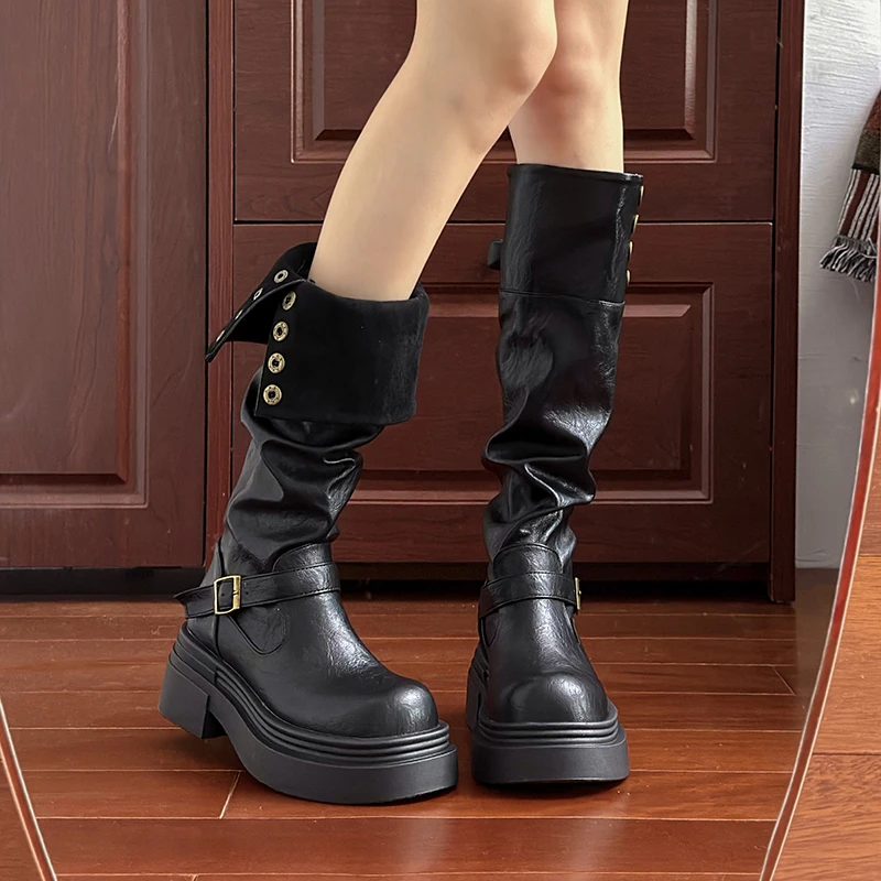 Autumn Winter Platform Thick Bottom Women Long Boots Fashion Slip On Shoes Vintage Ladies Knight Botas