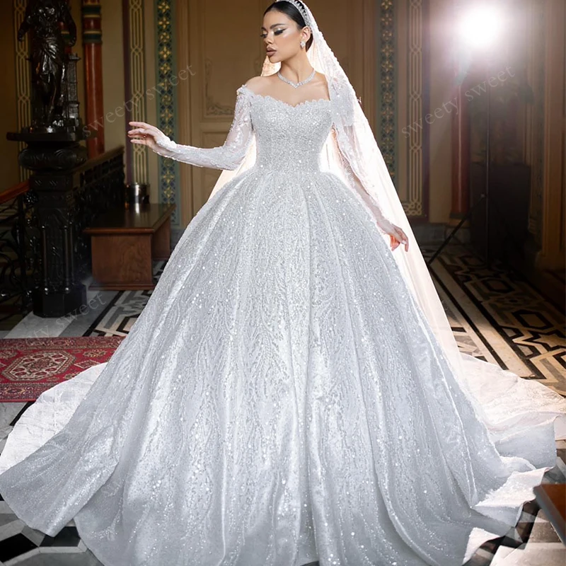فستان زفاف فاخر الأورجانزا مع التطريز حبة الأميرة Ballgown كم كامل س الرقبة مخصص فستان عروس Vestido De Novia