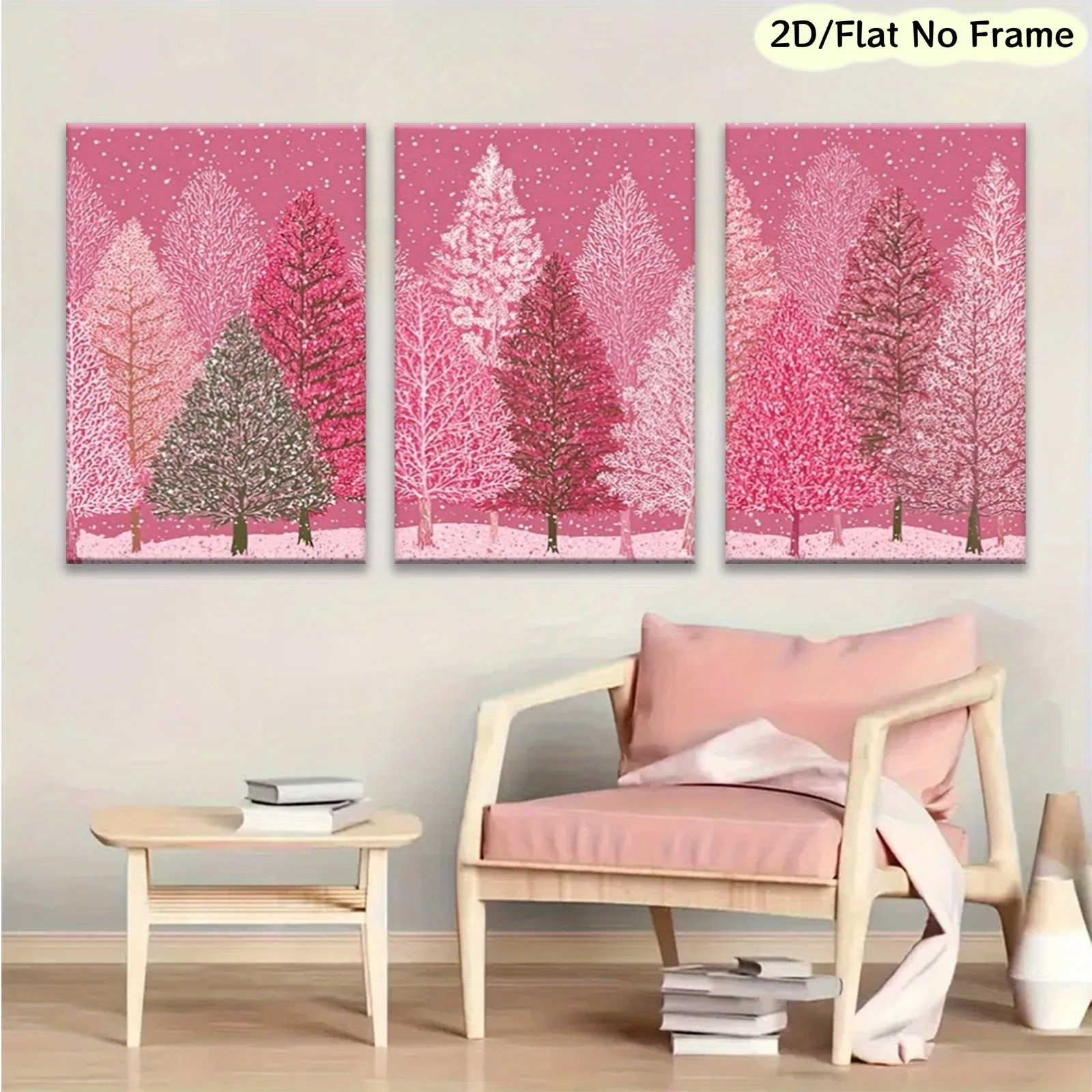 (No frame)2D Flat, 2D/FLAT, Frameless, 3pcs Set Winter Pink Pine Tree Home Wall Decor Posters, Birthday Party Gift, Love Anni