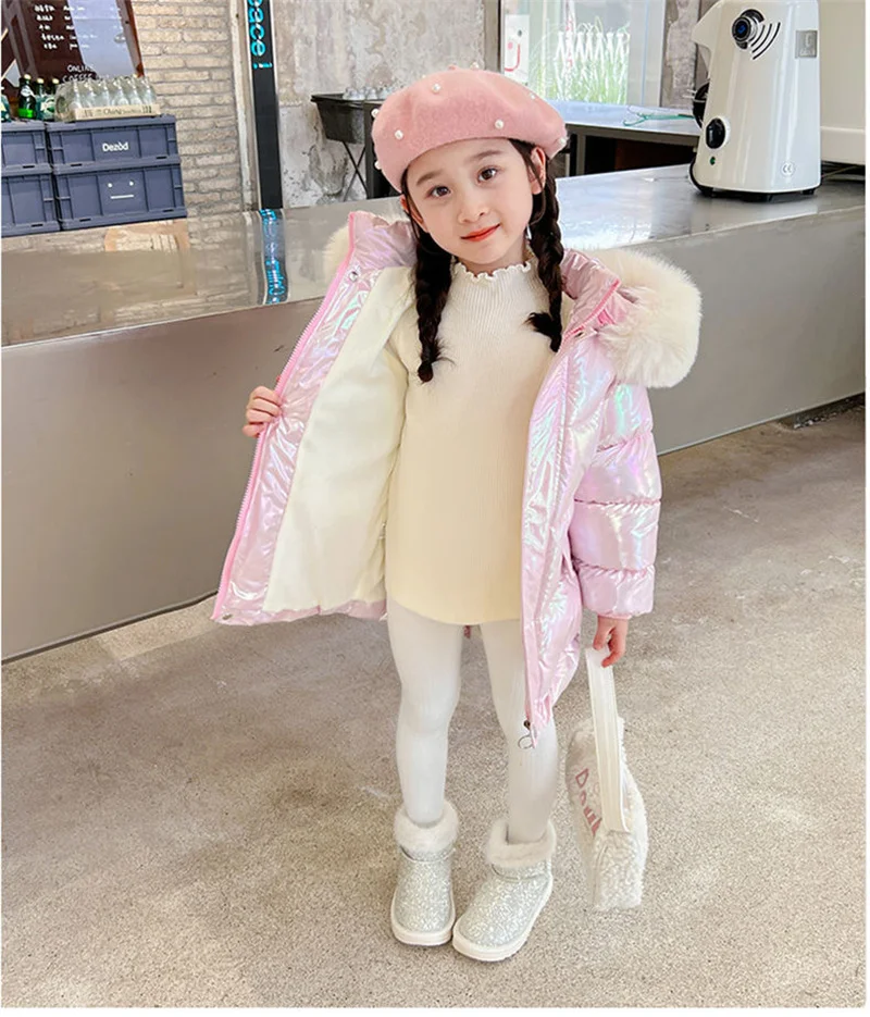 New Girls Shiny Jackets Winter Kids Warm Coats Children Snowsuit Thick Hooded Outerwear Teenage Cotton Clothes Parkas 3-10 Years