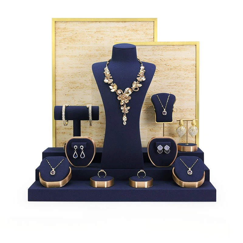Display window jewelry props, blue microfiber staircase jewelry display stand, necklace, ring, earring display rack