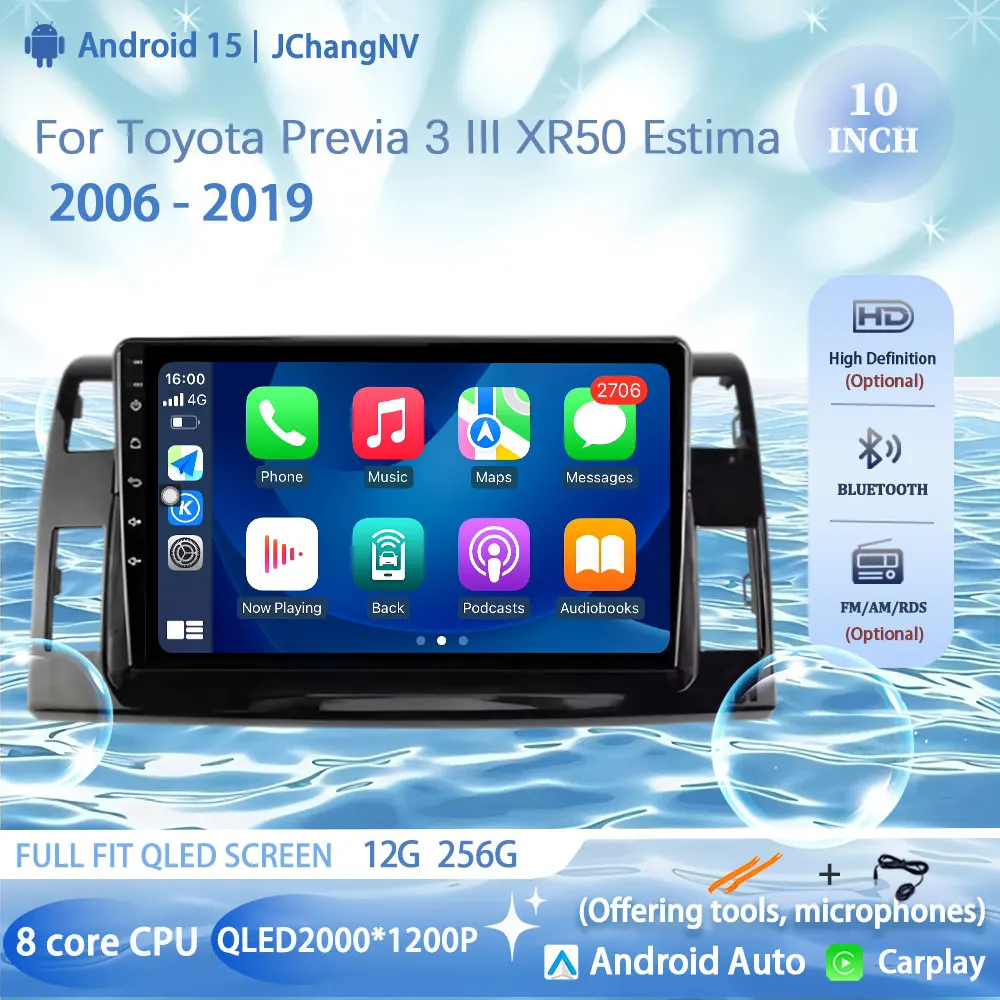 Android 15 Auto Car Radio For Toyota Previa 3 III XR50 Estima 2006 - 2019 Multimedia QLED Screen Navigation GPS No 2 Din Player