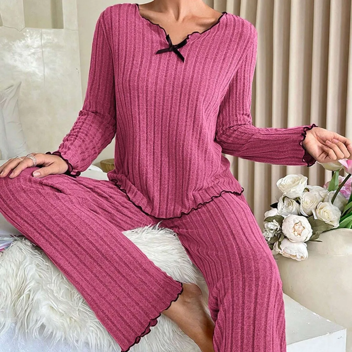 American-Style New Autumn And Winter Ribbed Pajamas With Black Trim And Ruffle Casual Loungewear, Ribbed Women's Pajama Set