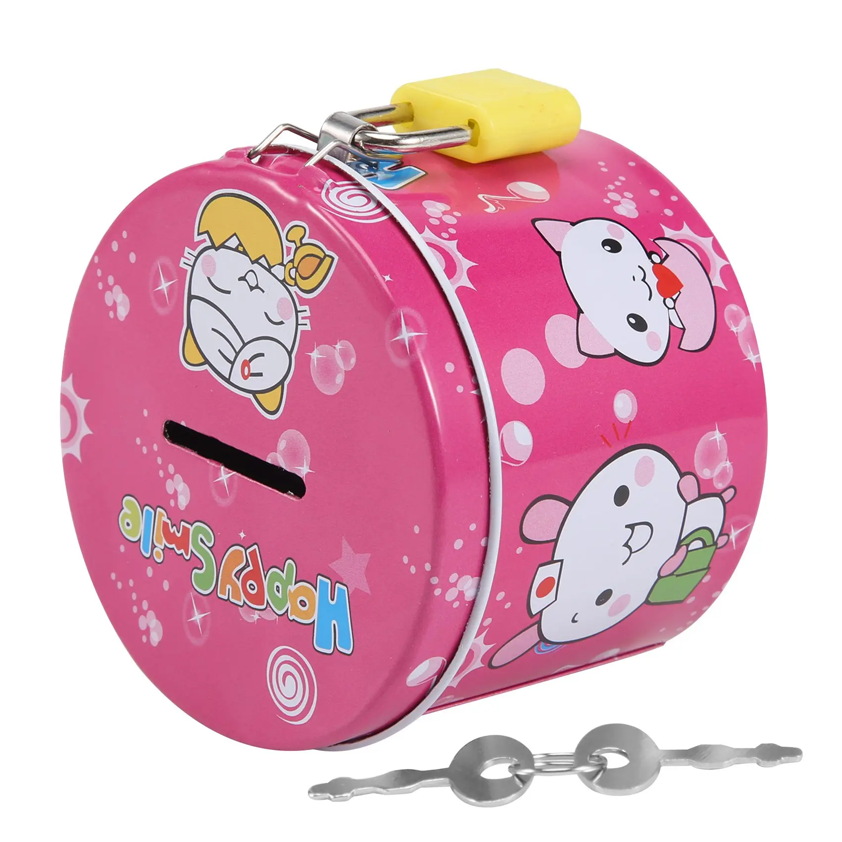 Cylinder Design Cartoon Print Piggy Bank Coin Money Saving Box w Padlock