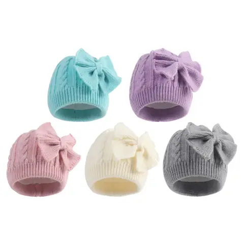 Cross-Border European and American Children's Bowknot Knitted Hat Winter New Thickened Warm Newborn Wool Hat Baby Hat