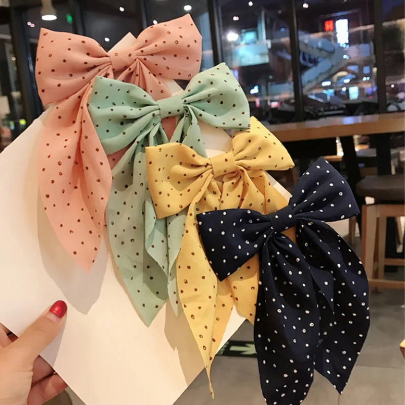 Koreański styl kropki kwiatowy duża kokarda spinki do włosów dla kobiet eleganckie spinki do włosów w koński ogon dziewczyna akcesoria do włosów Barrette prezent hurtowo