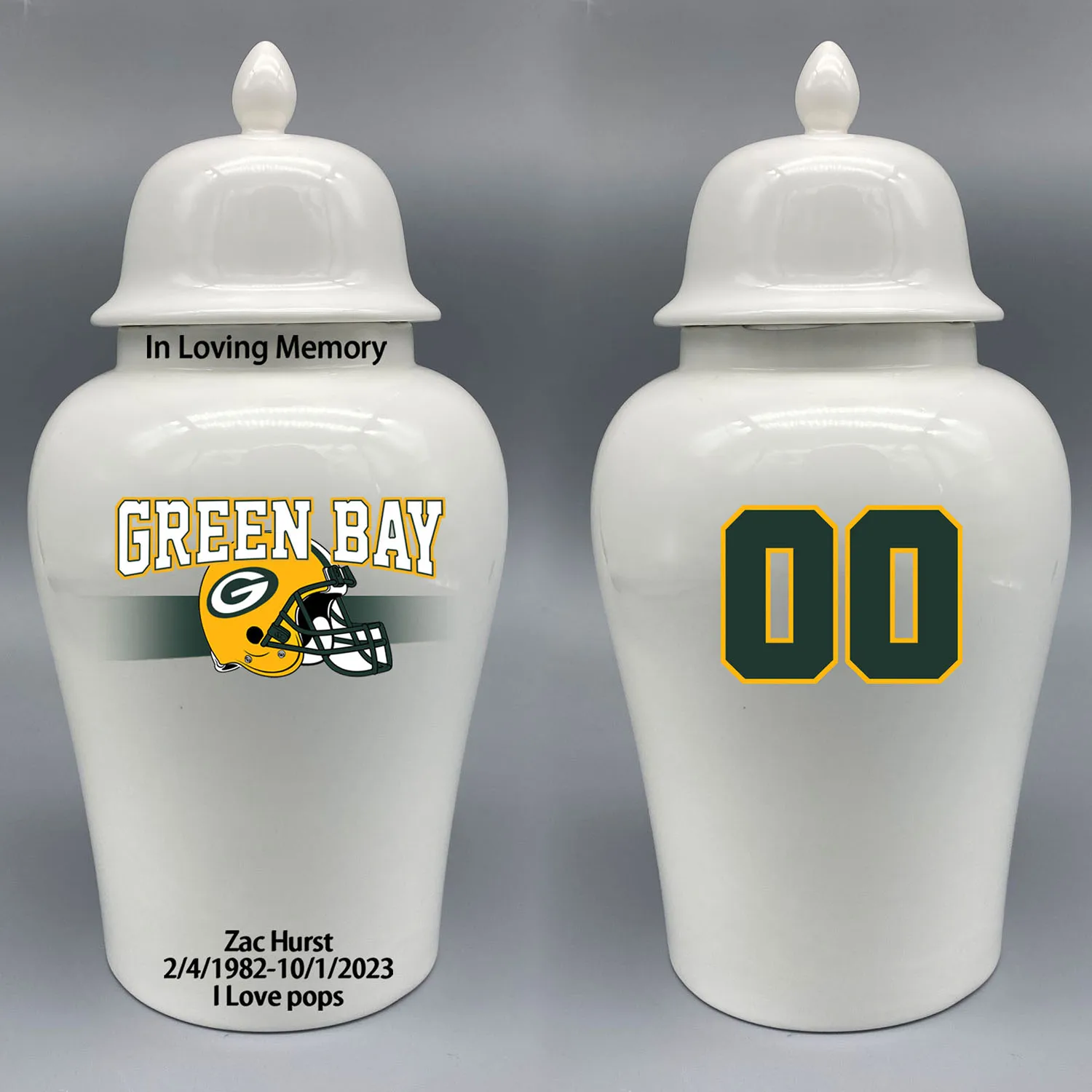 

Large Urn for Green Bay Packers-themed Logo Urn.Please send me the customize information-name/date and number on the urn