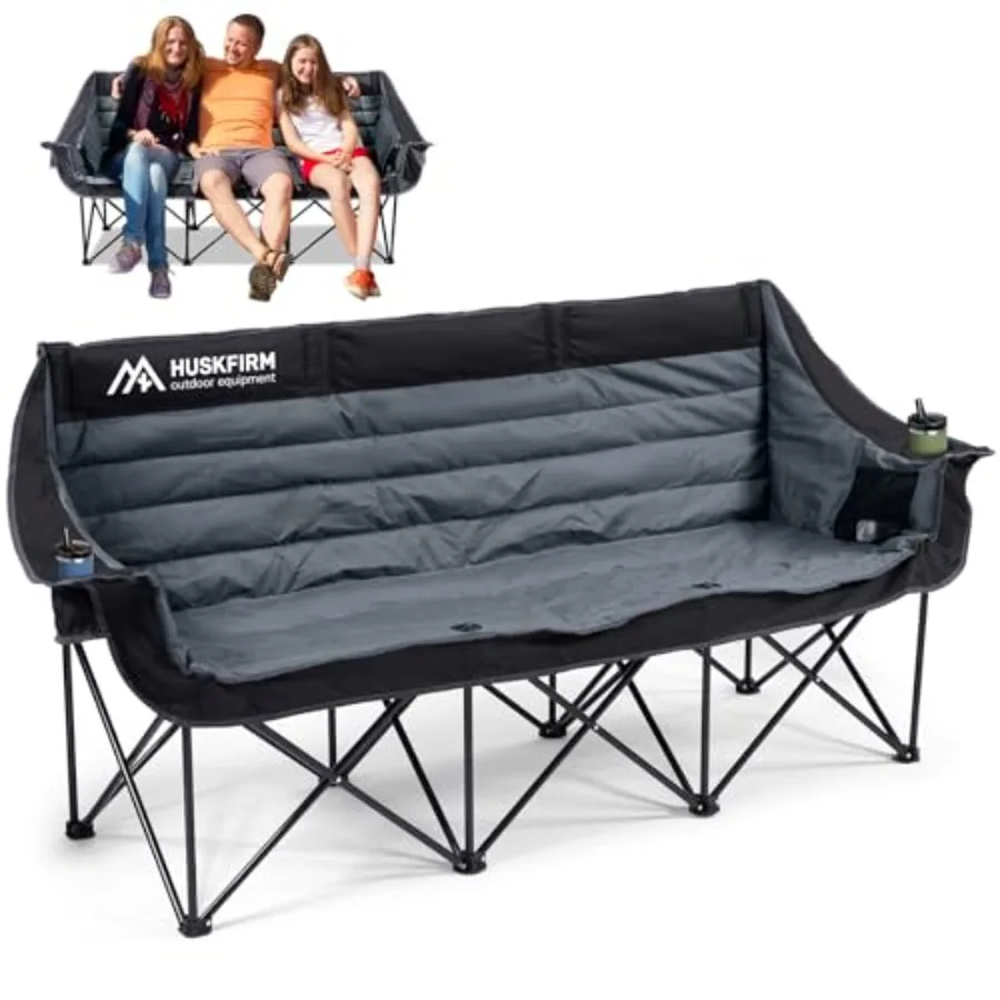 

Outdoor 3-person folding camping chair set: heavy-duty steel frame, black fabric, oversized padded loveseat design with dual cu