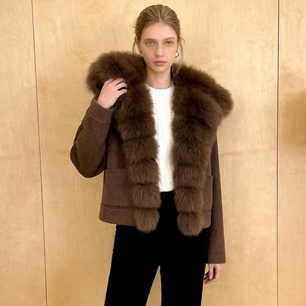 

Шерстяные и смесовые пальто: Коричневое женское шерстяное пальто с натуральным мехом, модное элегантное шерстяное пальто, роскошная женская одежда, куртки