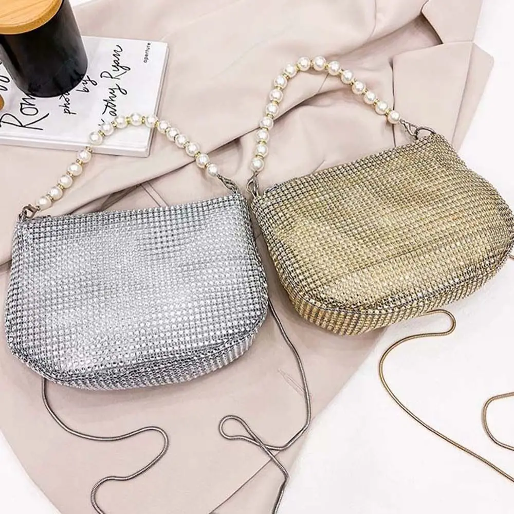 Crystal Shoulder Bag Rhinestone Pearl Handle Handbag Large Capacity Evening Clutch Underarm Bag Shopping Bag