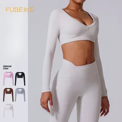 FUBEIKE Sports Long Sleeved Deep V Shaping Back Hollow Sexy Short Midriff Outfit T-shirt Gym Push Up Running Workout Top