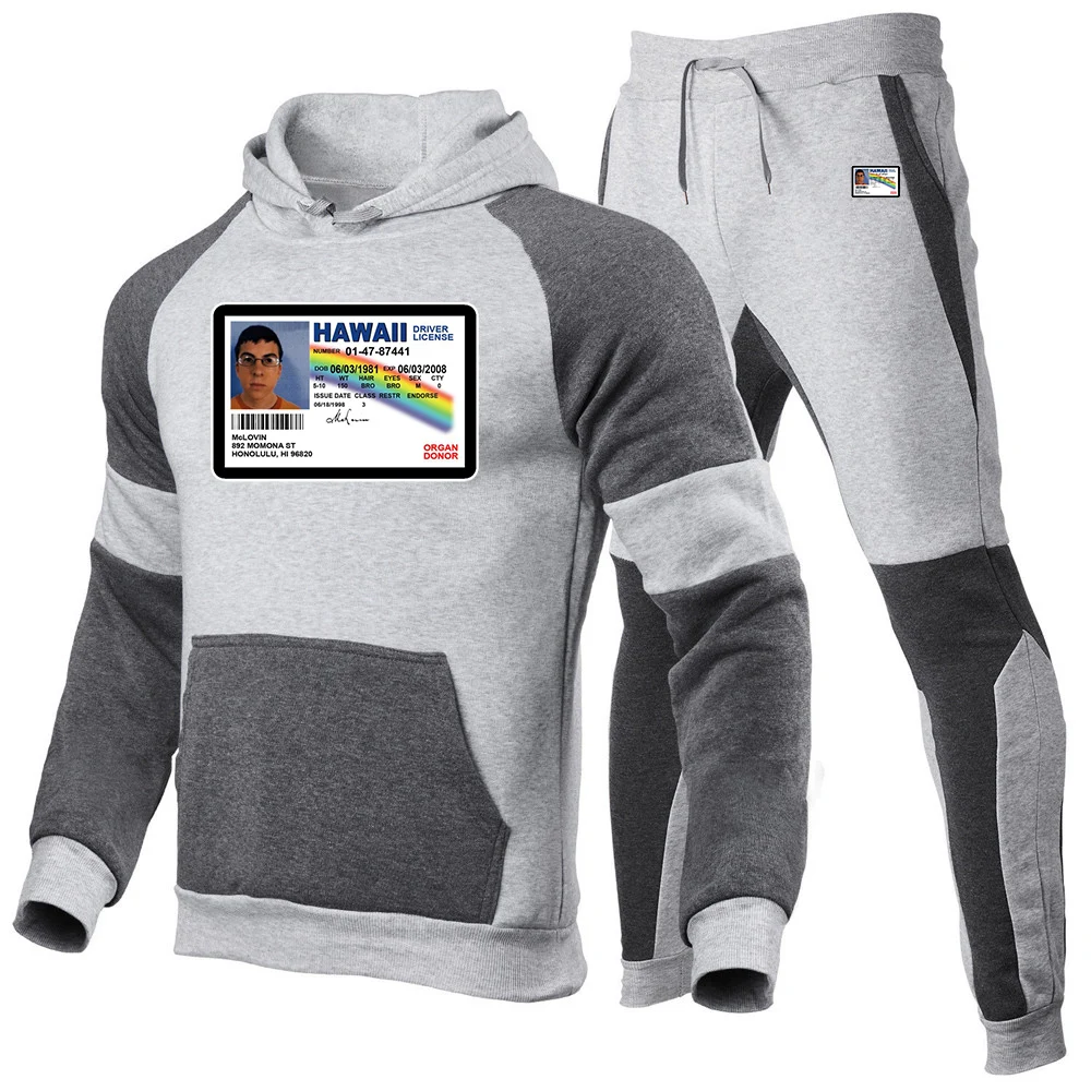 Spring And Autumn 2025 Men's New Funny McLovin ID Patchwork Color Set Comfortable Casual Hoodie+Sports Pants Harajuku Suit