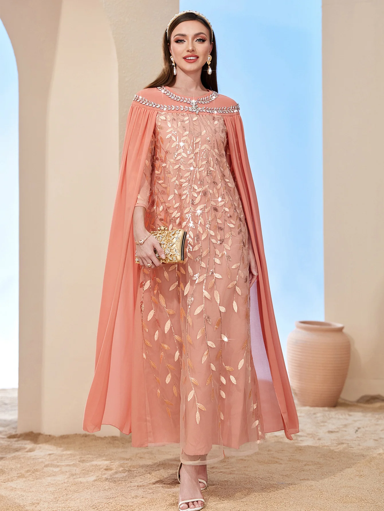 

Fashionable Orange Pink Leaf Embroidery Mesh Dress Fake Two-Piece Long Skirt Style A-Line Slim Fit Polyester Spring Ladies