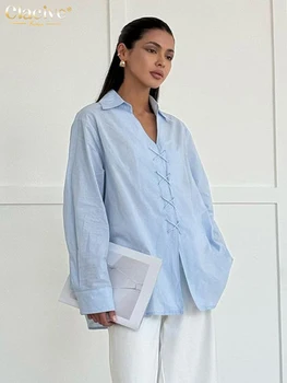 Clacive-Blusa azul de algodão manga comprida feminina, camisa de lapela, roupa feminina, elegante, clássico, top monocromático, casual, solto, moda, 2024