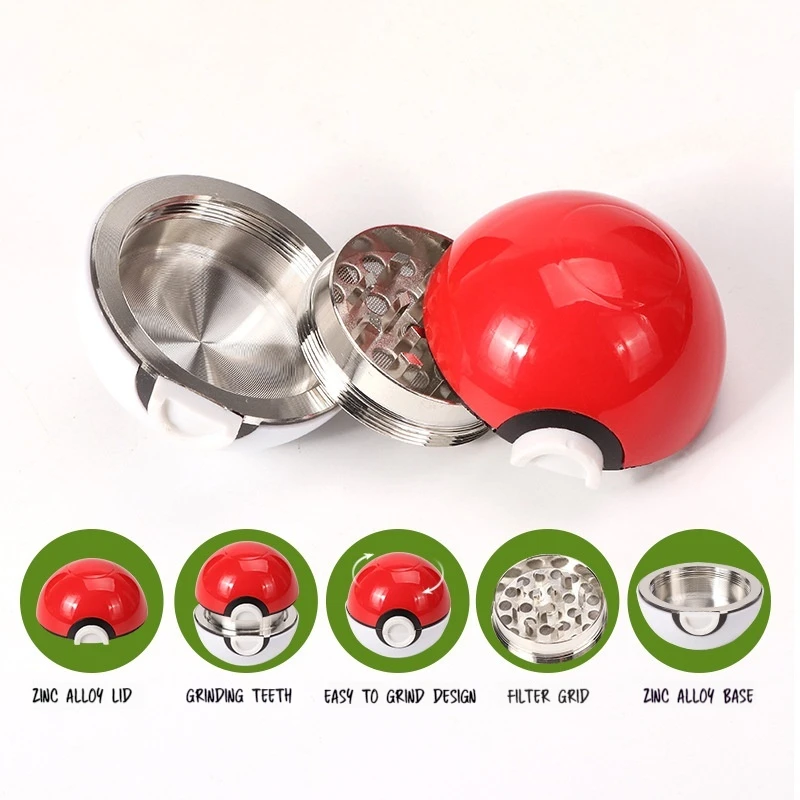 Penggiling Model Bola Pokémo Anime 55mm, Penggiling Herbal Bola Poké, Logam Zinc Alloy Plastik, Penggiling Logam 3 Bagian, Aksesoris Merokok