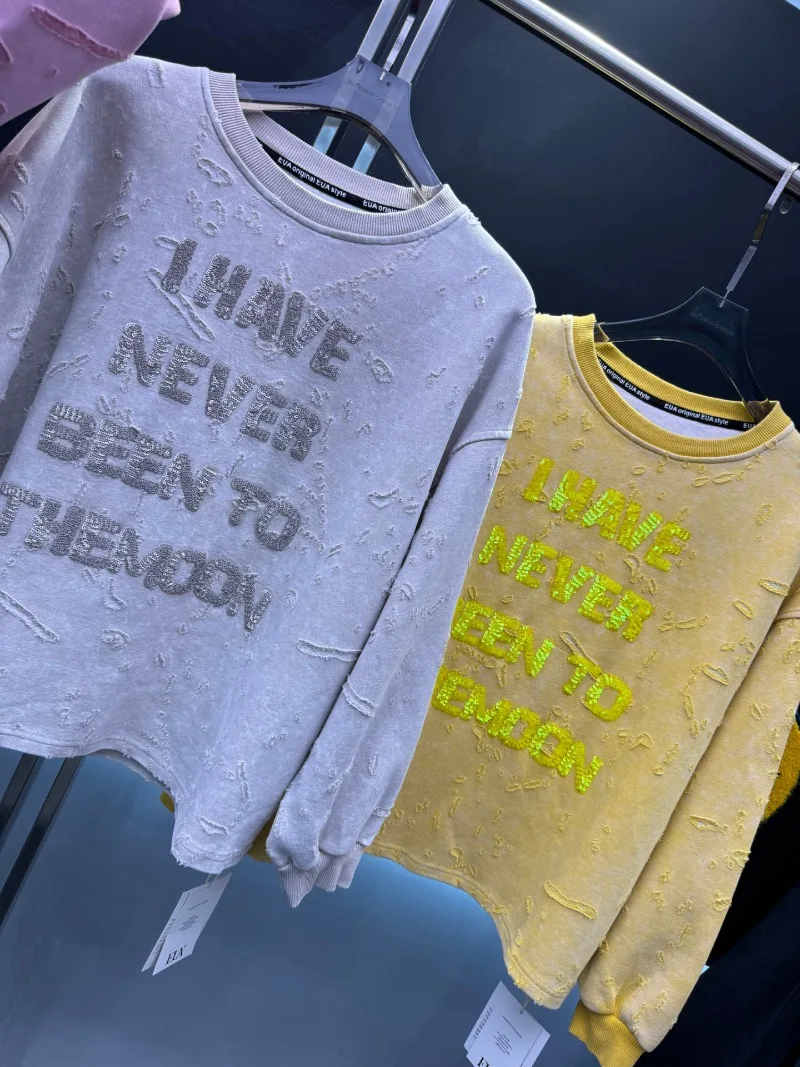 Heavy Beaded Letter Round Neck Sweatshirt For Women's Loose Fit Versatile Design Jacket Autumn New Long Sleeves Pullover Hoodies