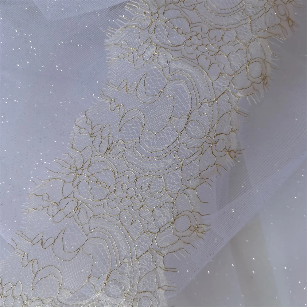 2PCS Gold Thread Eyelash Lace Trim Bride Veil Skrit Robe Decor Trim 6Meters/pack New