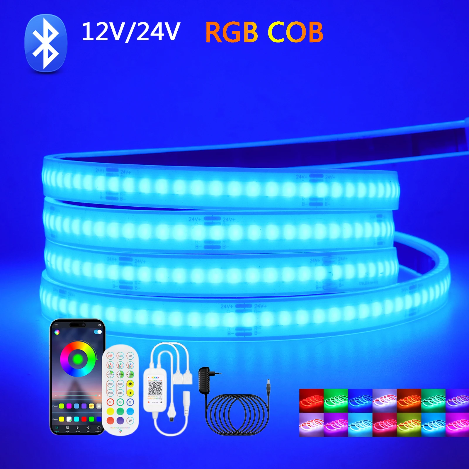 RGB COB LED Strip Light Bluetooth 24Key Remote Control EU US UK AU Power Kit 12V 24V 576LEDs Flex Lamp  Waterproo 0.5m 1m 5m 10m