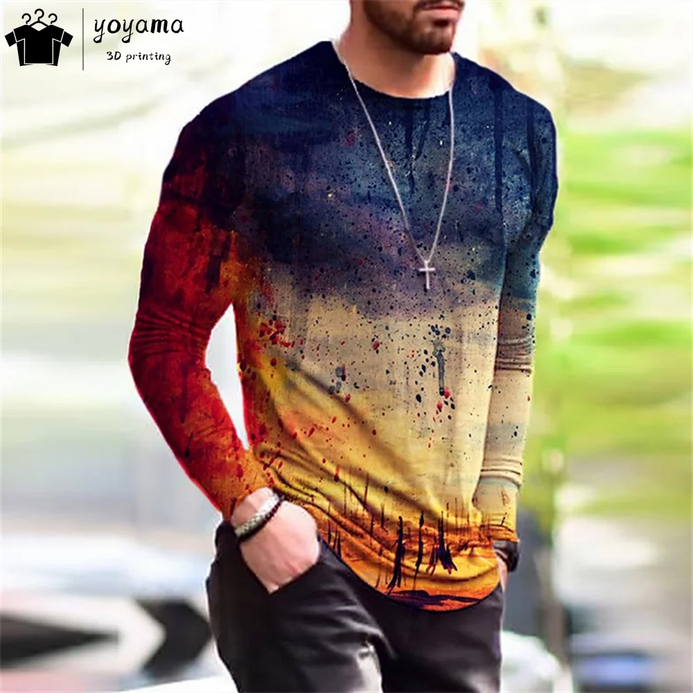 Men's Clothing Fashion Abstract Print T-shirts for Men Casual Hip Hop Long Sleeves O-Neck Street Tops Abstract Graphic T shirts