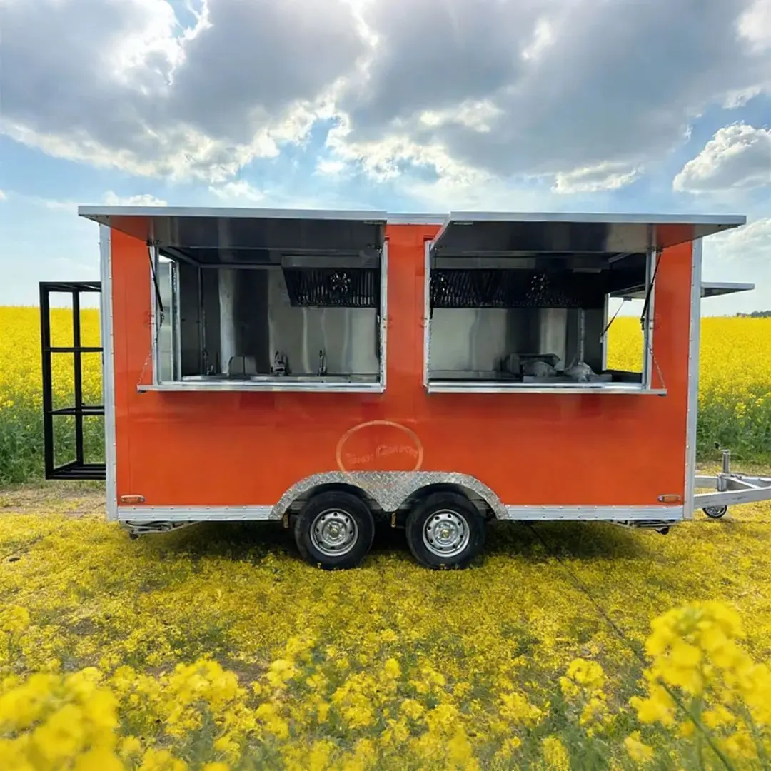 

Комерческий торговый прицеп для продажи продуктов питания с внутренней частью из нержавеющей стали, двумя сервировочными окнами, мобильная тележка для еды