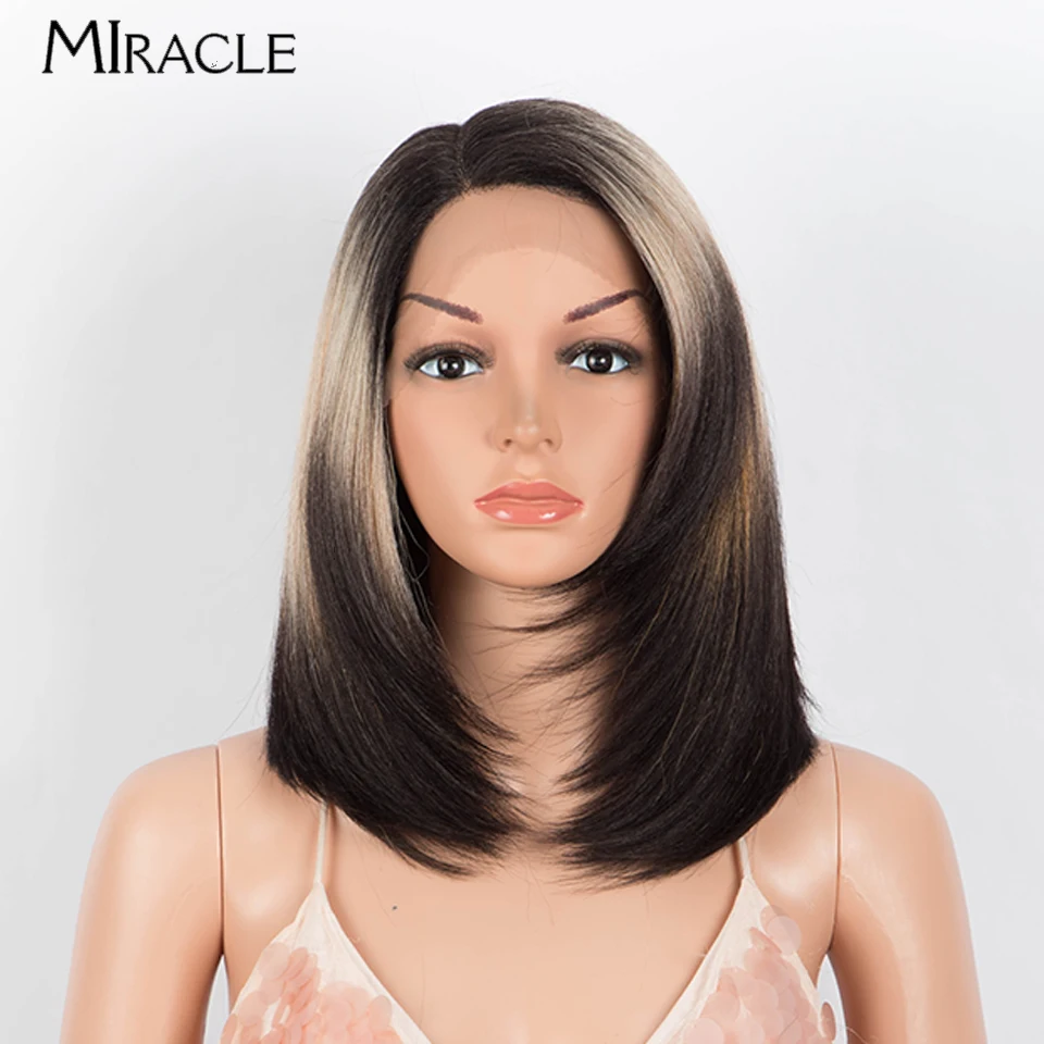 MIRACLE Synthetic Lace Front Wig 14 Inch Soft Straight Lace Wigs for Women Side Part Hair Wigs for Daily Use Heat Resistant