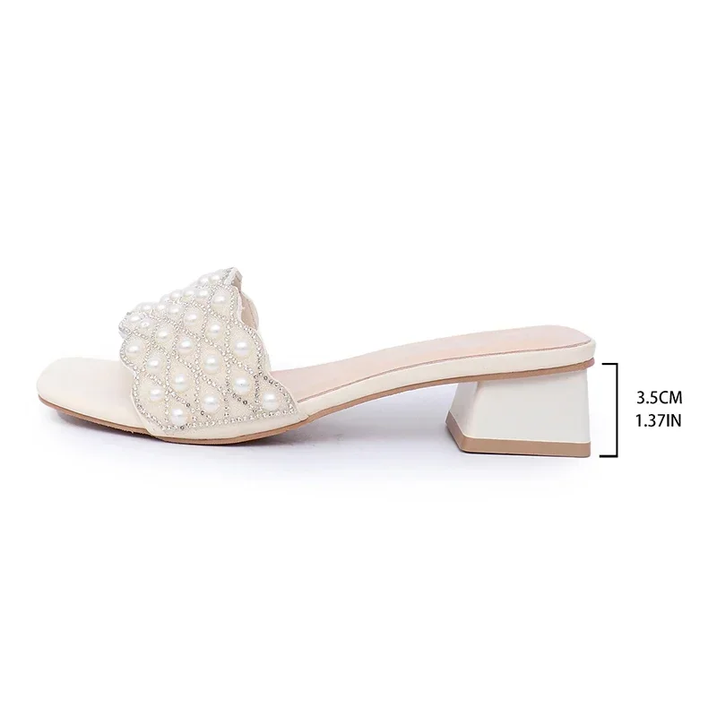 Pearl Decor Low Heels Slippers for Women 2025 Summer Square Toe Thick Heel Sandals Woman Plus Size Fashion Party Dress Sandals view 6