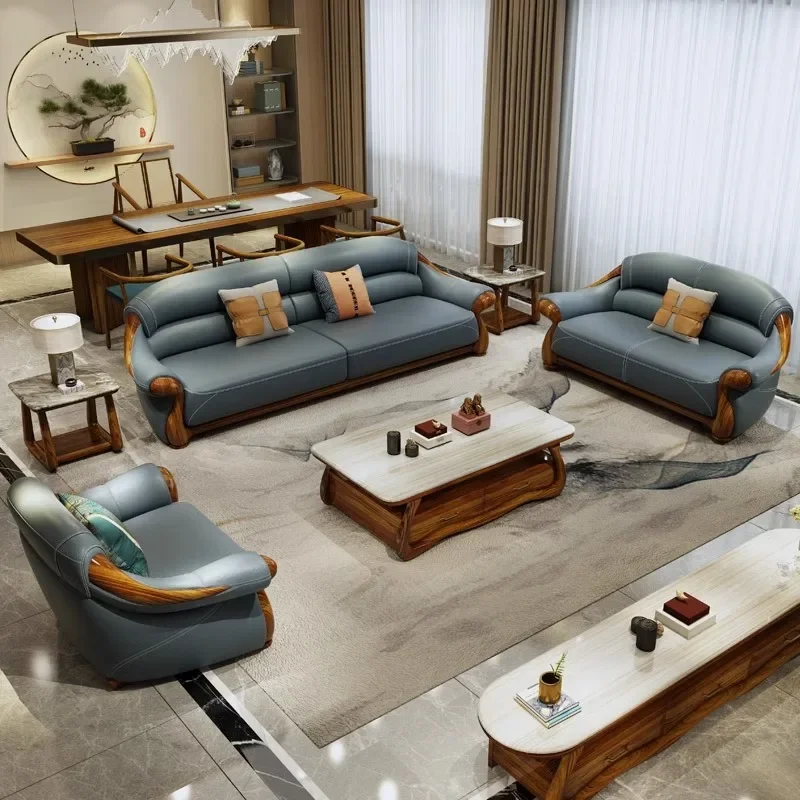 Solid wood sofa combination, first-layer cowhide sofa, ebony wood leather sofa