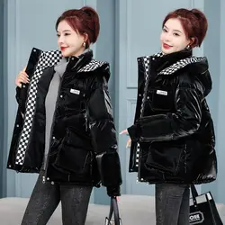 Women 2024 New Korean Style Cotton Clothes Loose And Thick Checkerboard Patterned Fashion Bread Jacket Tops For Women Overcoat