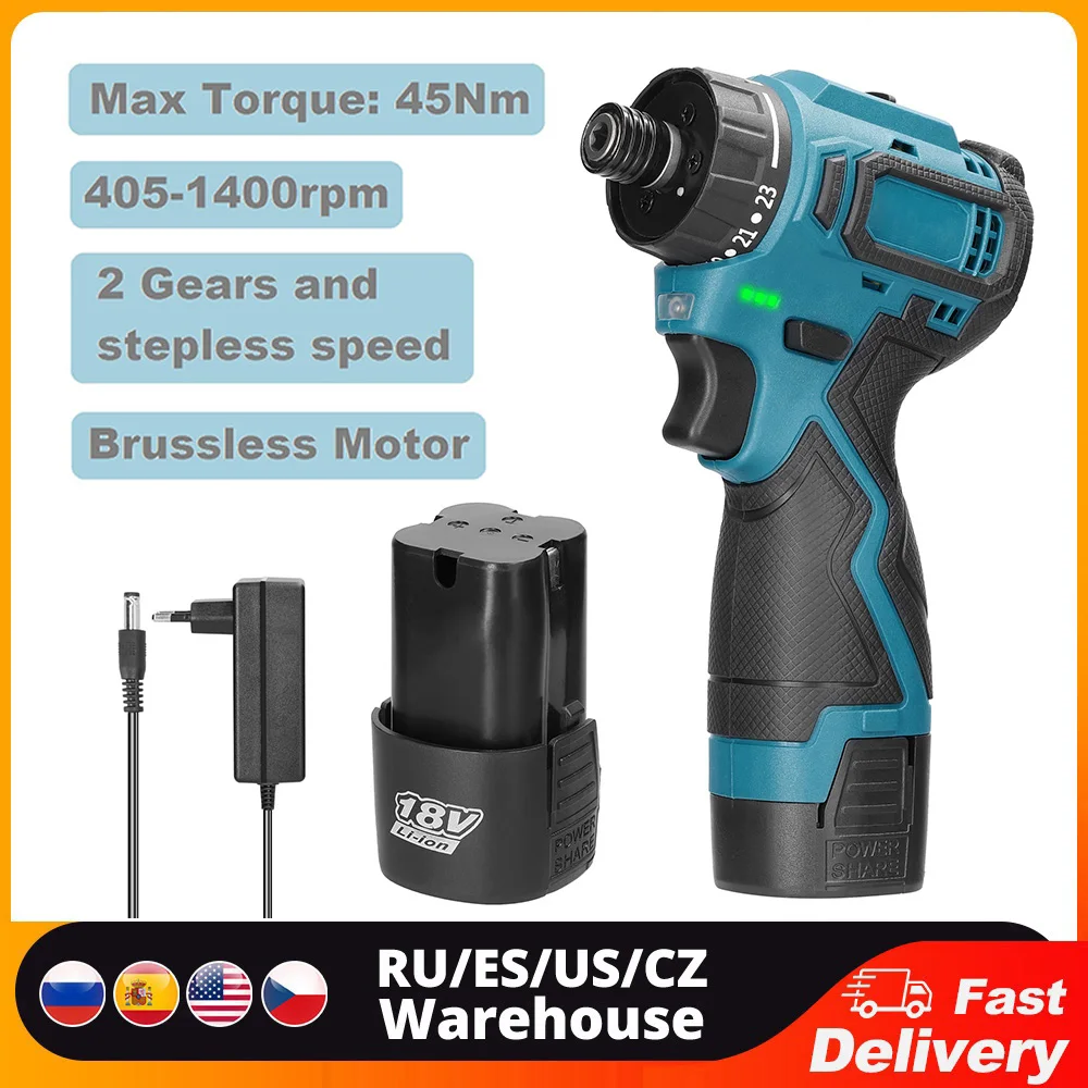 

18V Brushless Lithium Electric Screwdriver 45Nm Torque 405-1400rpm Adjustable Speed Repairing Tool Kit Electric Screw Driver