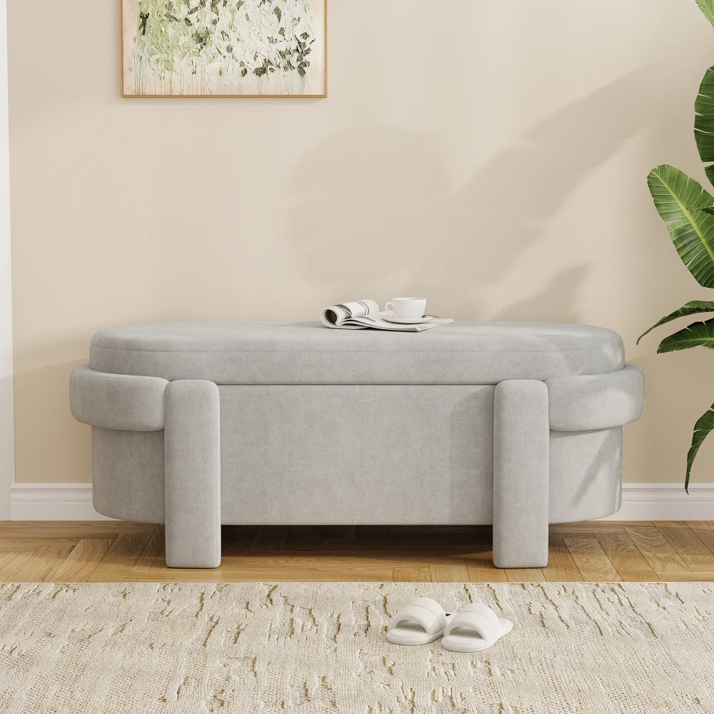 PINGGO Graue Gepolsterte Aufbewahrungsbank mit Deckel 121,5x49x44,5cm Fleece-Sitzbox für Wohnzimmer Schlafzimmer – Detail 3
